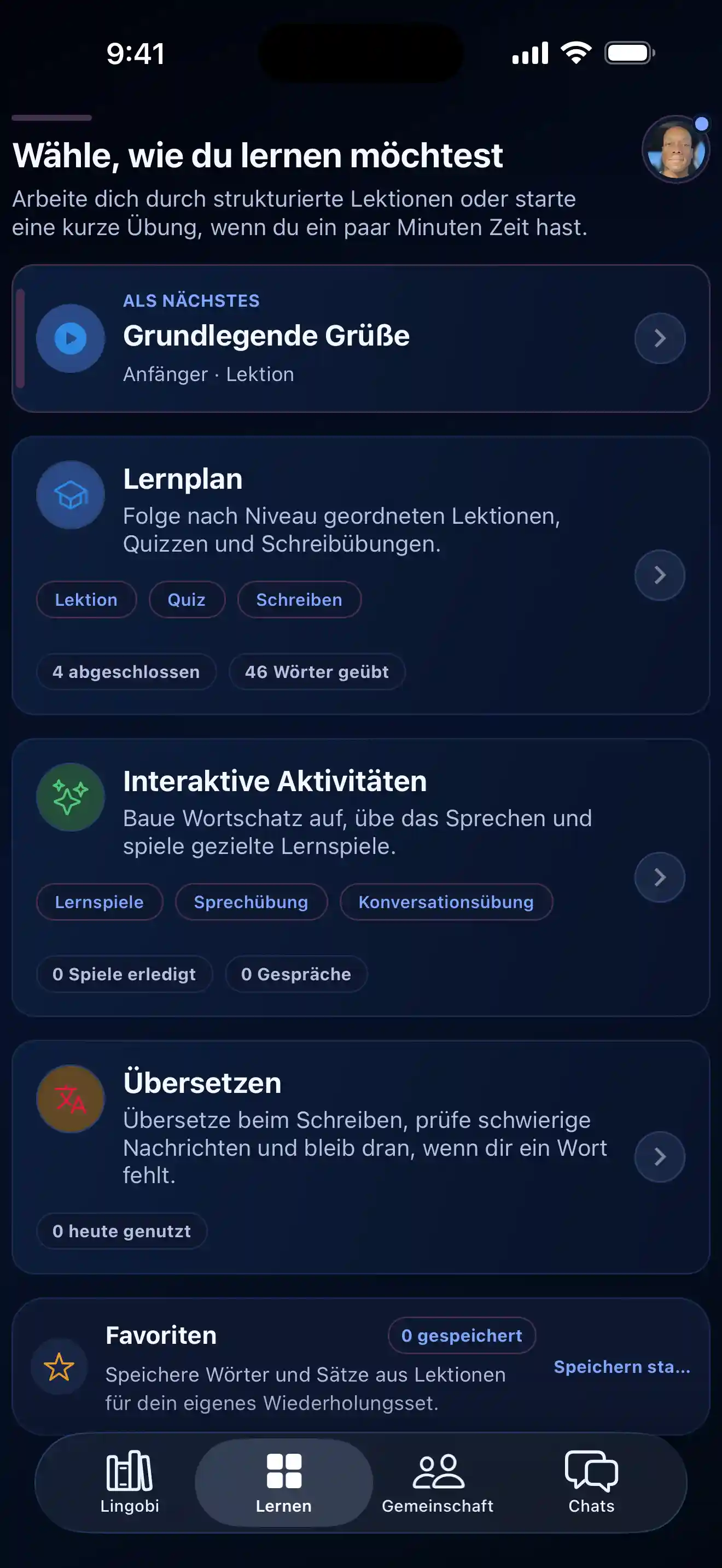 Auswahl der Lernmodi in Lingobi