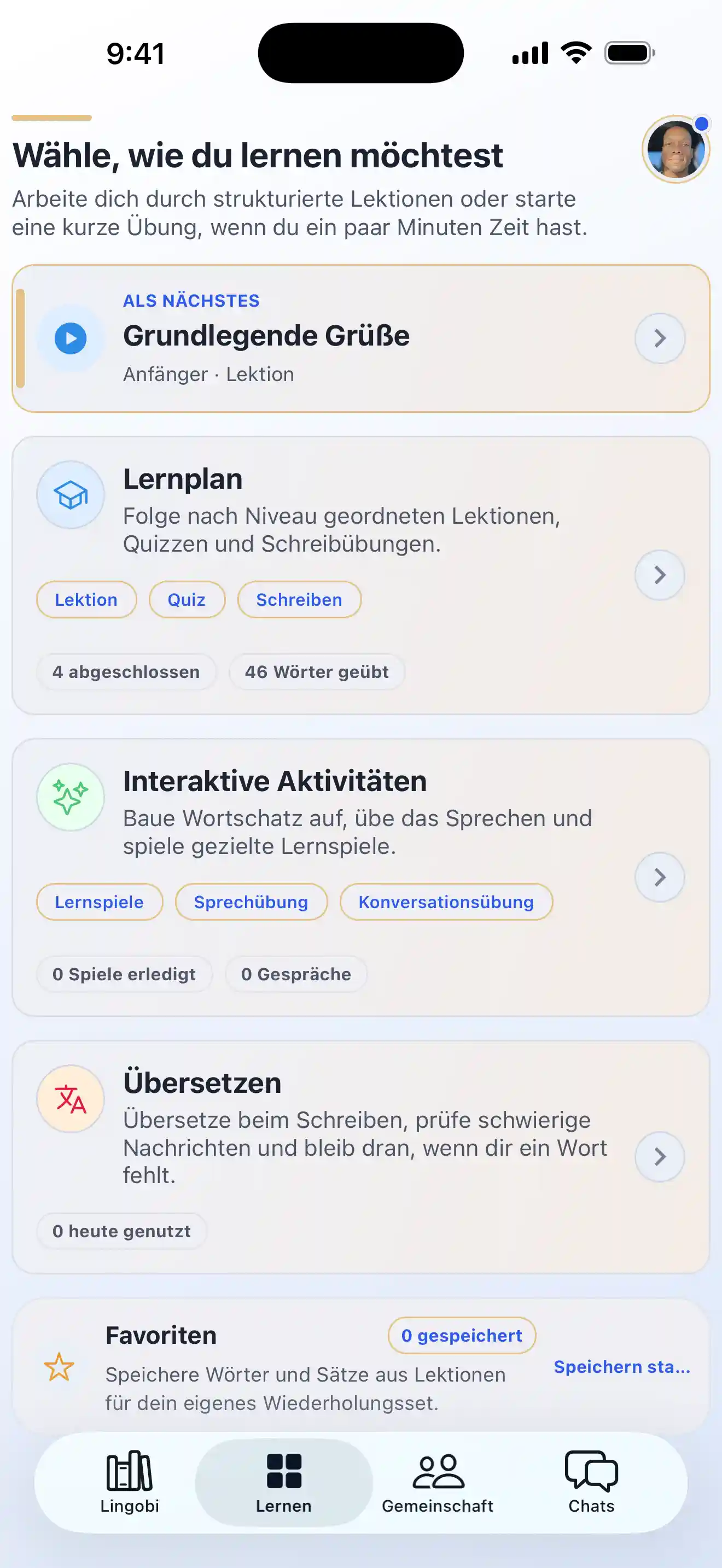 Auswahl der Lernmodi in Lingobi