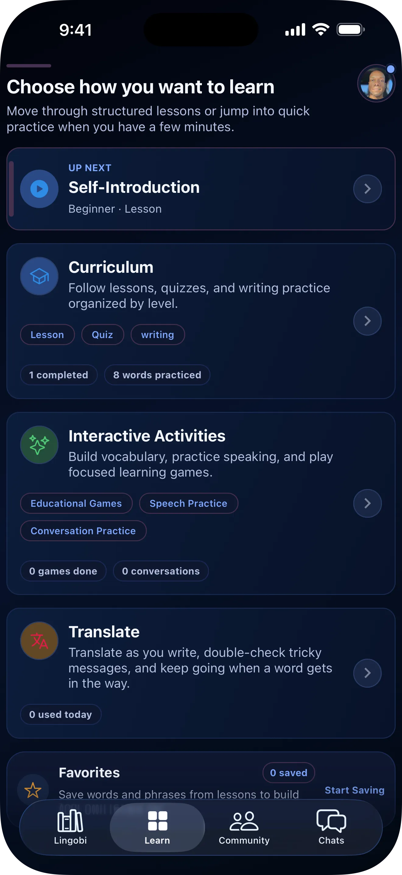 Lingobi learning mode selection screen