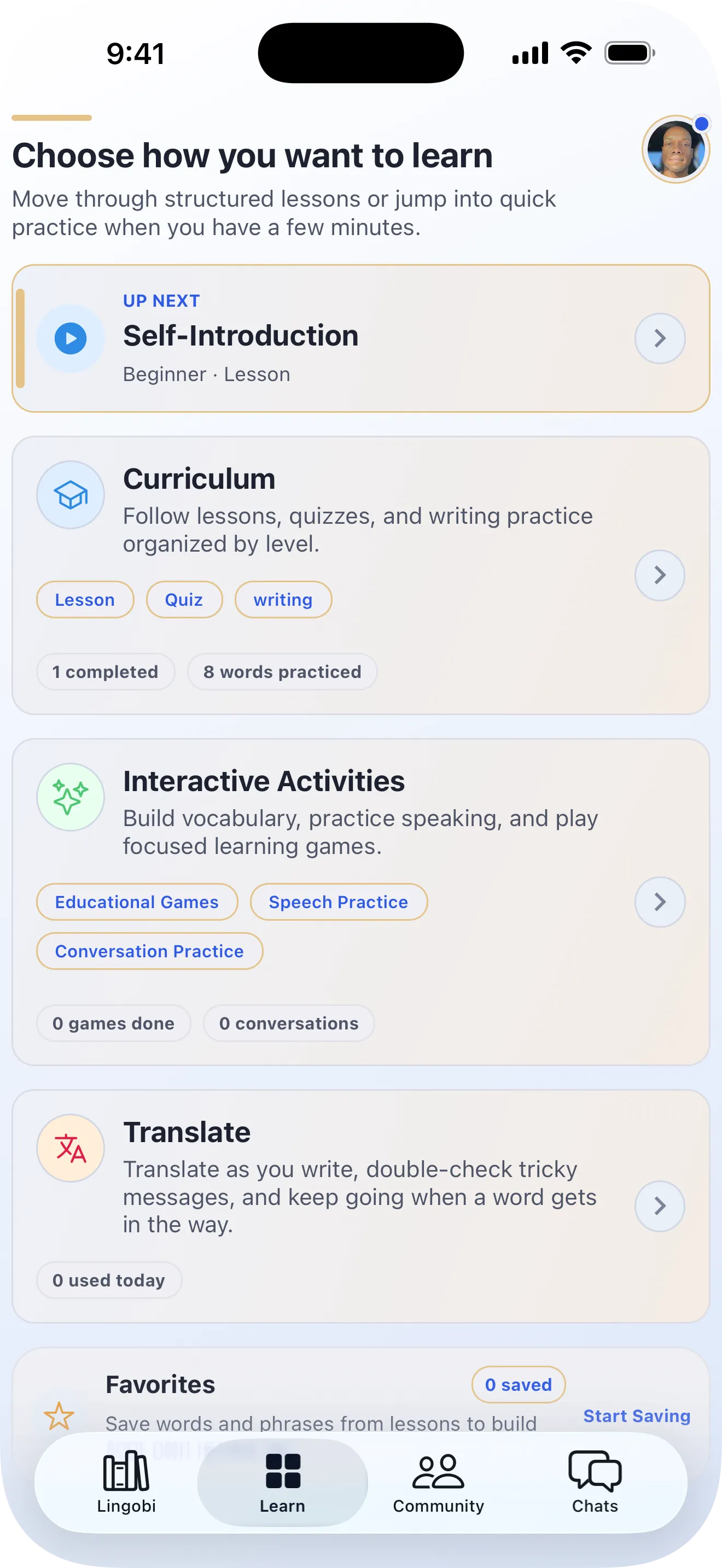 Lingobi learning mode selection screen