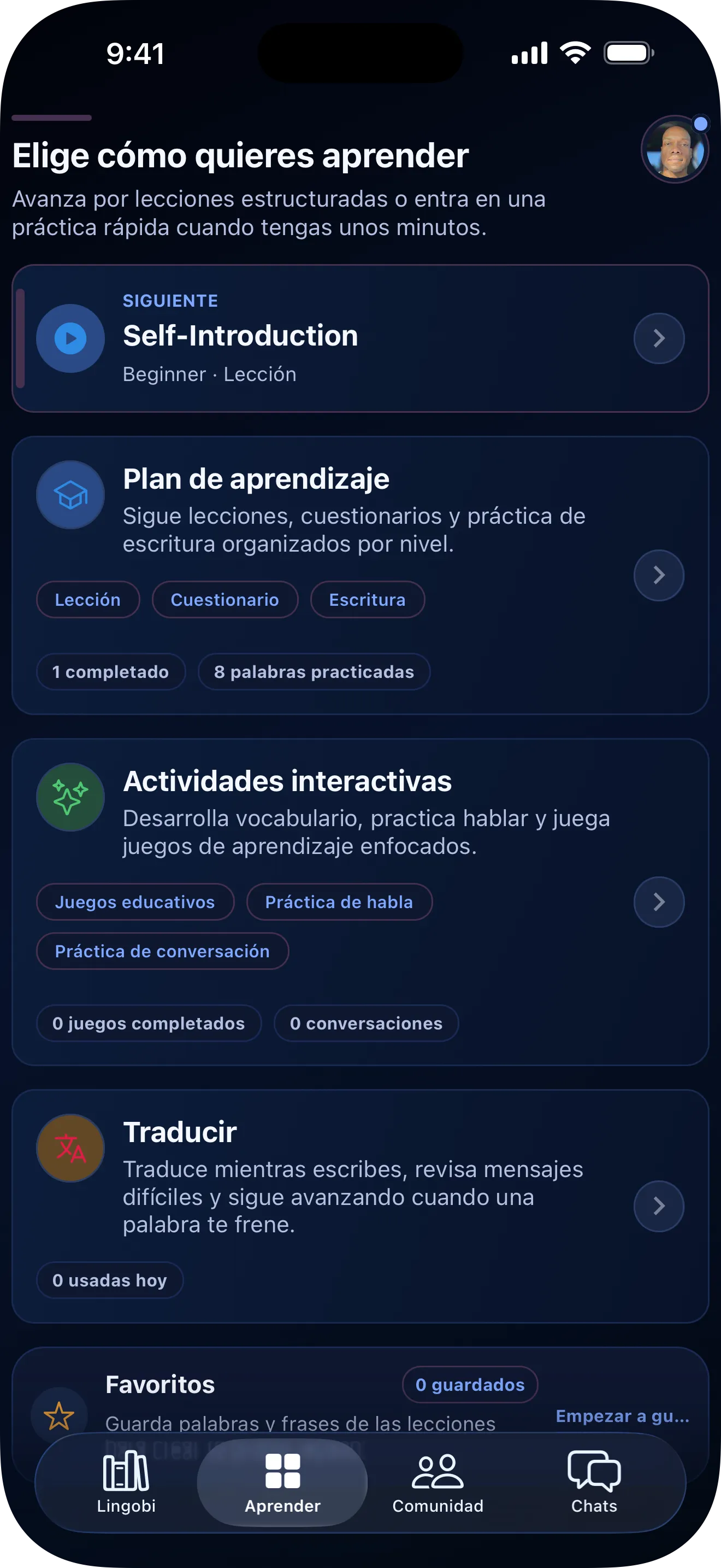 Pantalla de selección de modo de aprendizaje en Lingobi