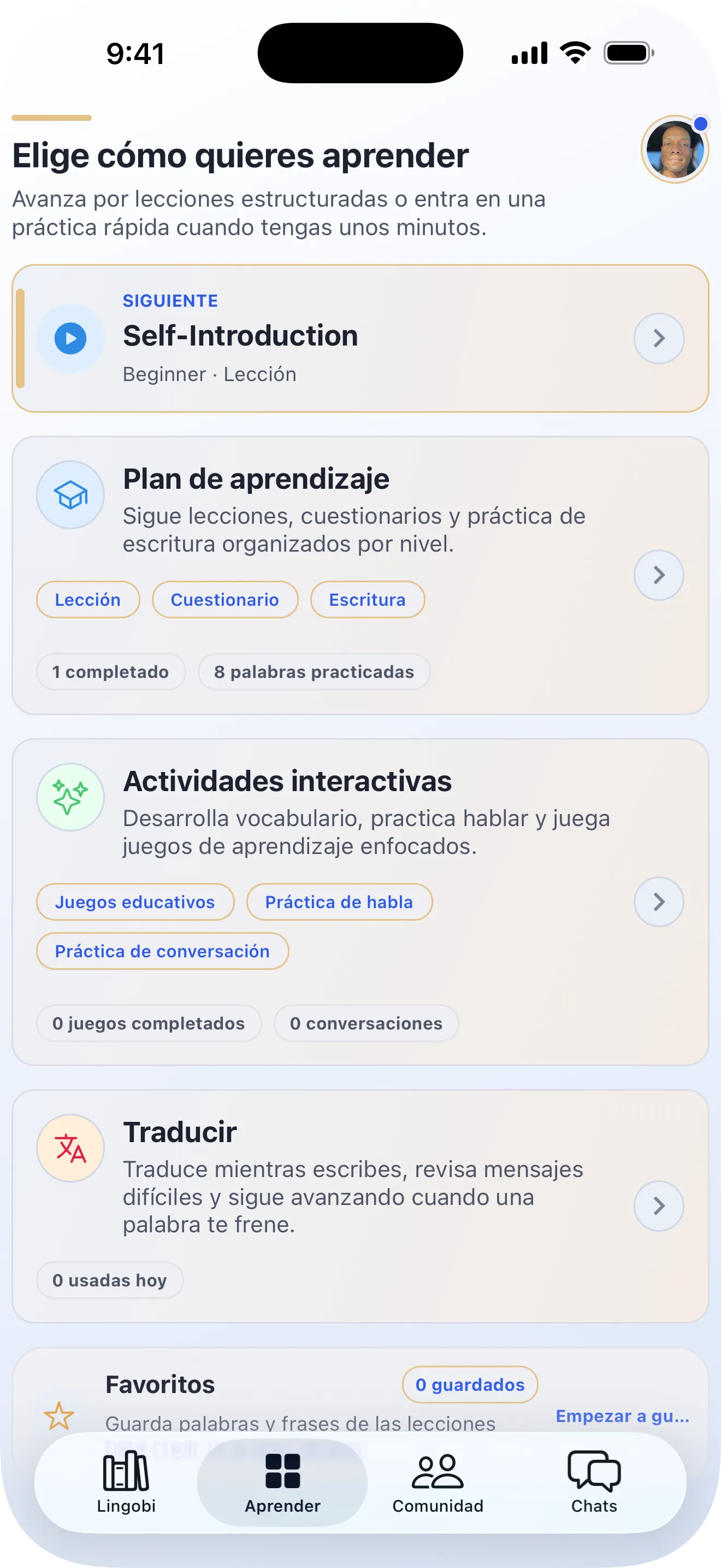 Pantalla de selección de modo de aprendizaje en Lingobi