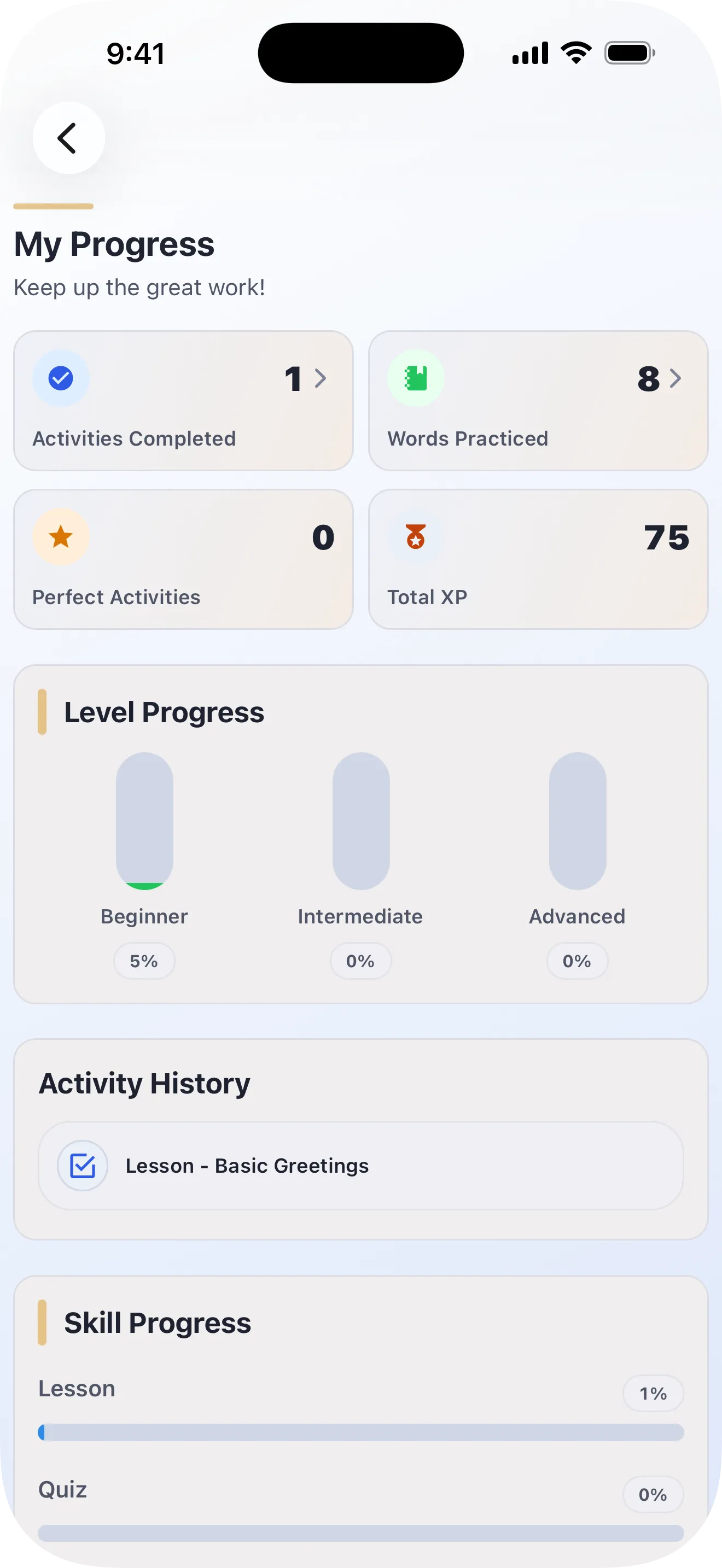 Lingobi learning progress dashboard