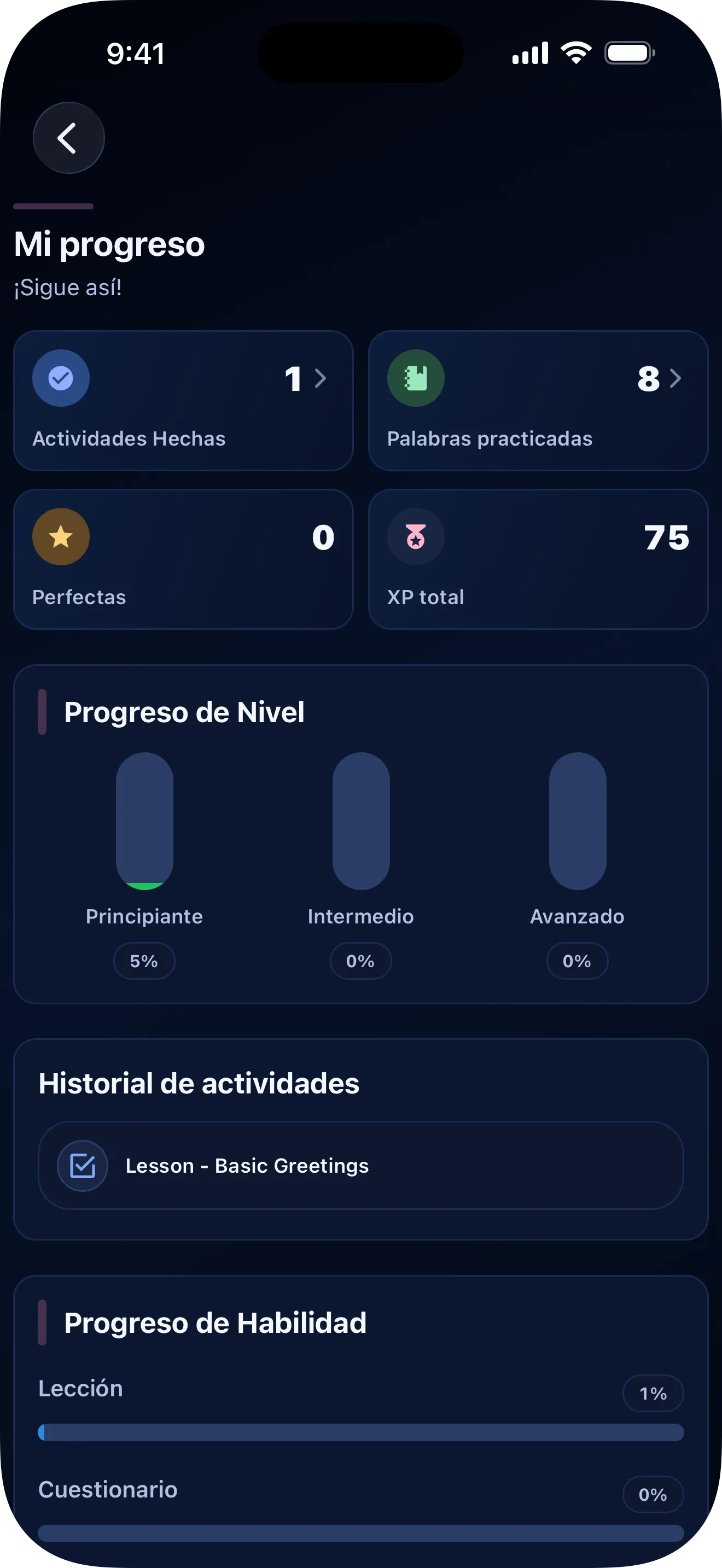 Panel de progreso de aprendizaje en Lingobi