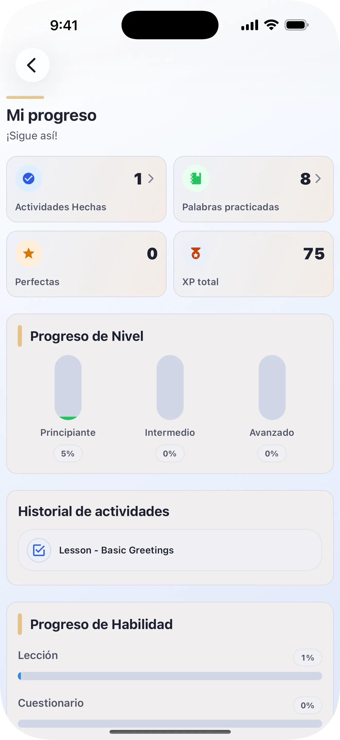 Panel de progreso de aprendizaje en Lingobi